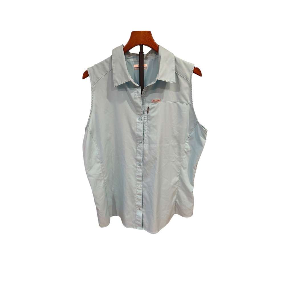 Columbia PFG Women XL Blue Sleeveless Button Up Fishing hike Shirt SPF Gorpcore